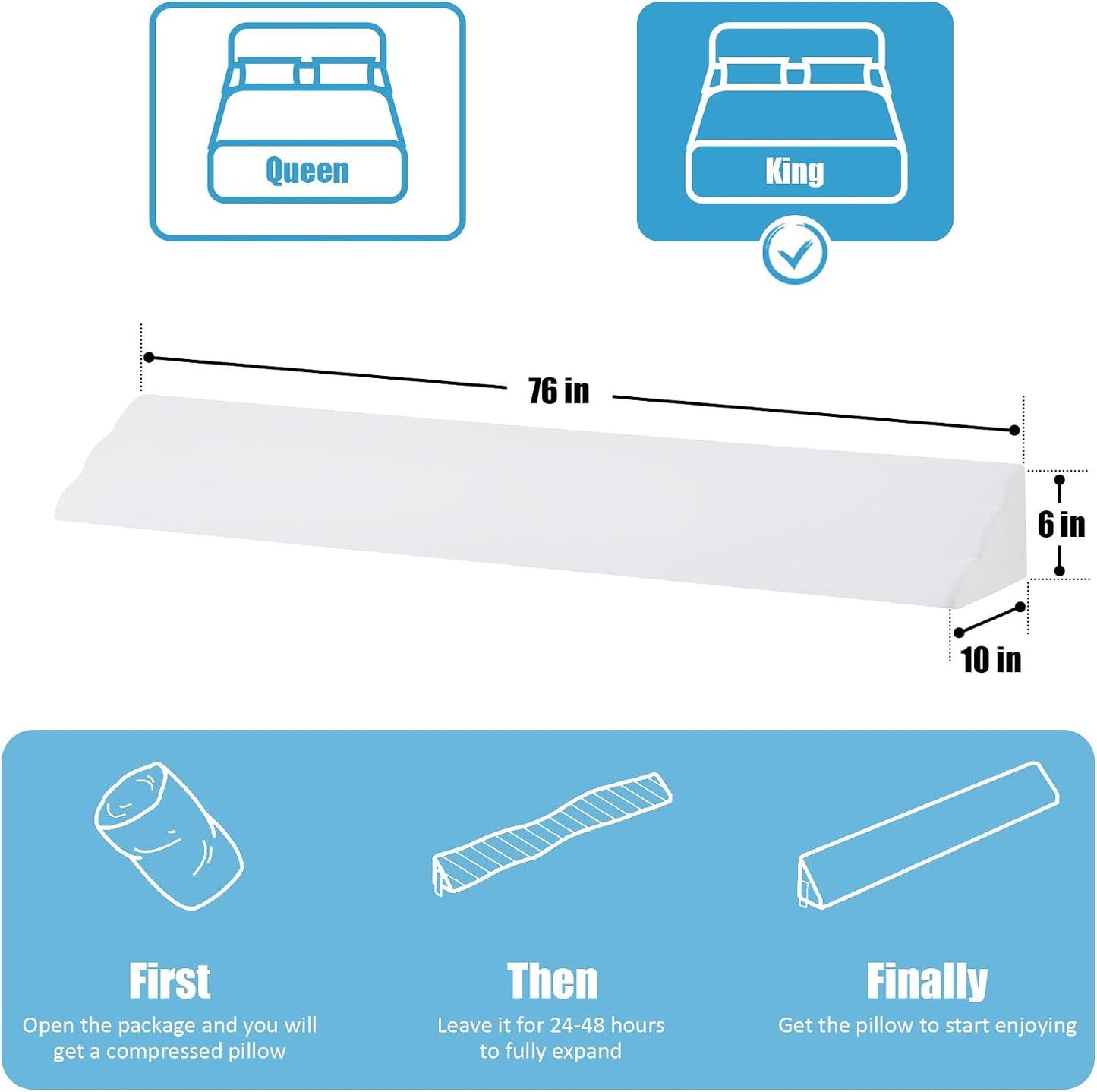 MEGCXIT King Bed Wedge Pillow for Headboard, 76"×10"×6", White | Bed Gap Filler, Triangle Pillow Wedge for Headboard Gap, Bolster Pillows for Beds, Anti-Slip Mattress Wedge Gap Filler