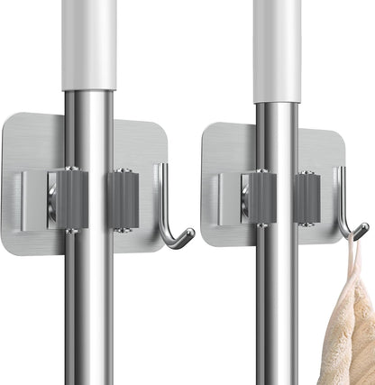 nacena 4 Pack No Drill Self Adhesive Broom Mop Holder Wall Mount with Hooks, Heavy Duty Stainless Steel Organizer for Kitchen Bathroom Garage Storage, Black