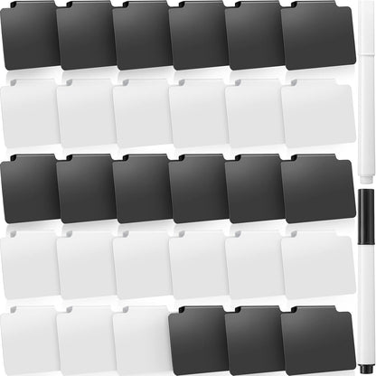 32 Pieces Basket Labels Clip Set, Include 30 Kitchen Clip Label Holder Removable PVC Bin with 2 Chalk Marker for Basket Pantry Organization Box (White Label Clip, Black Pen)
