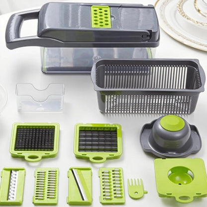 15-in-1 Vegetable Chopper and Mandoline Slicer, Onion Dicer with 8 Interchangeable Stainless Steel Blades, Food Container, Drain Basket, Safety Holder and Cleaning Tool for Fruits and Vegetables