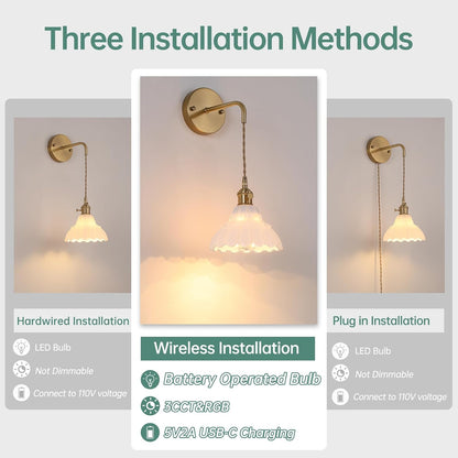 Shenmoyl Battery Operated Wall Sconce Wall Lamp with Green Lily of the Valley Shade Pattern Glass Adjustable Chain Retro Gold Wall Mounted Light, Modern Wall Lamp Fixtures Decor for Bedside Bedroom