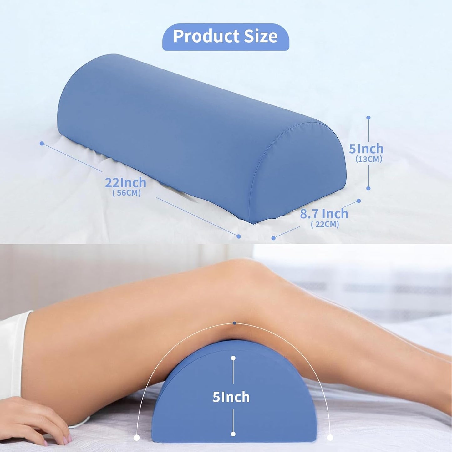 Knee Pillow for Back Sleeping - Half Moon Bolster Pillow for Legs - Cooling Under Knee Pillow for Sleeping on Back, Leg Support, Foot Elevation (Misty Blue)