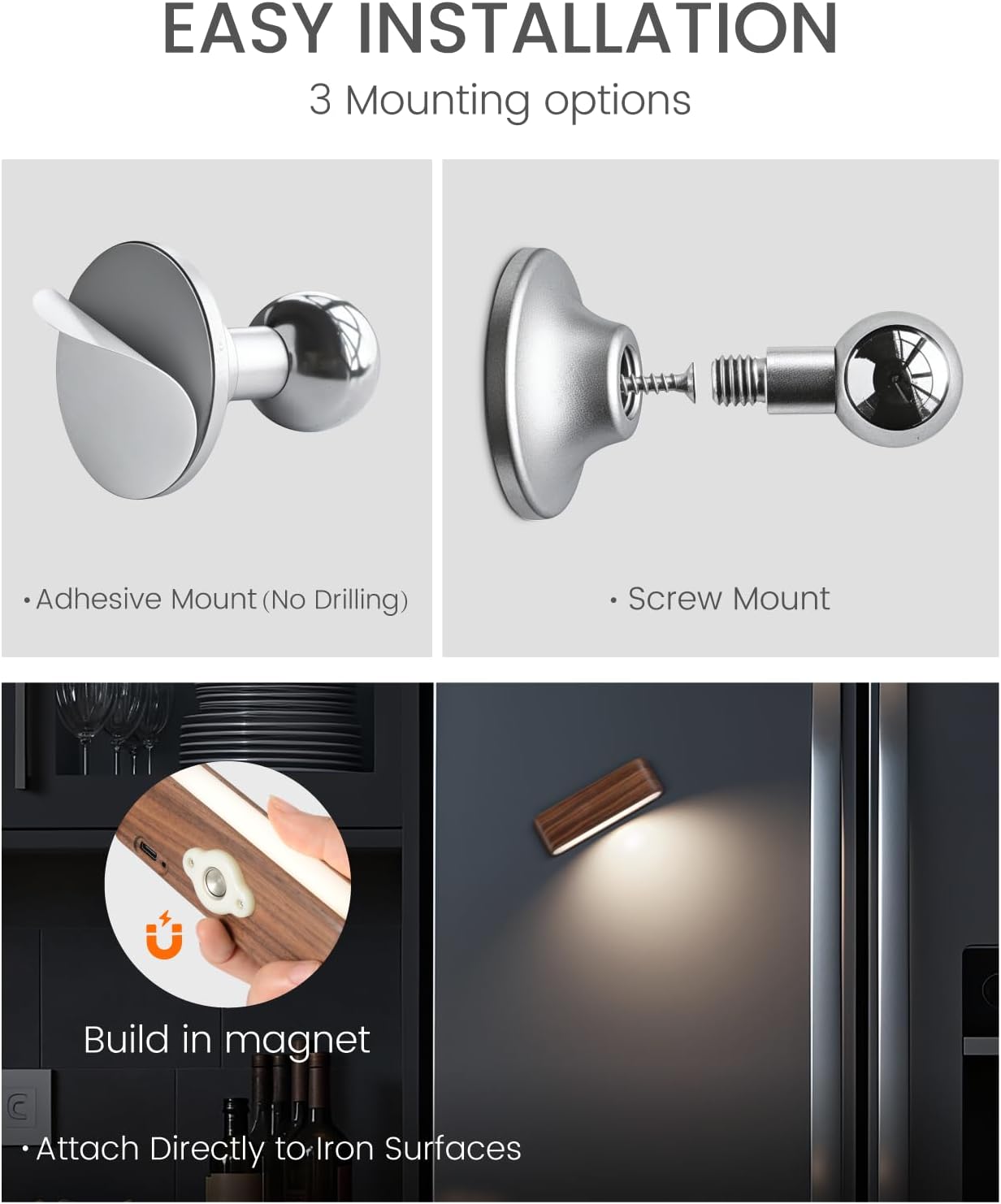 Rechargeable Wall Sconce, Reading Light for Bed, Magnetic Wood Lamp | Set of 2, Black Walnut, Touch Control, Adjustable Brightness, 4000K Nautral Light for Reading, Headboard Light, 360° Rotation