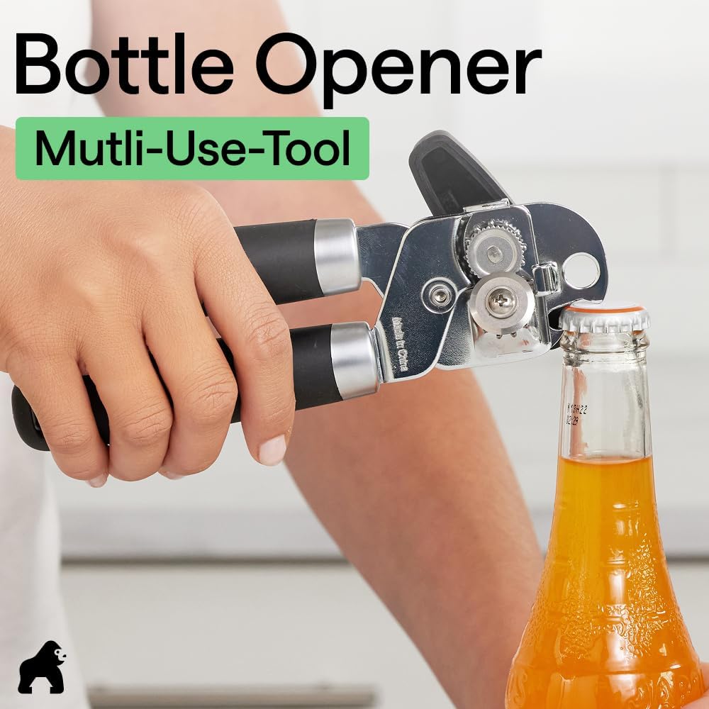 GORILLA GRIP Original Model Stainless Steel Smooth Edge Manual Can Opener and Bottle Openers, US Designed, Comfortable Handle, Oversized Handheld Turn Knob, Multifunctional Kitchen Tool, Gray