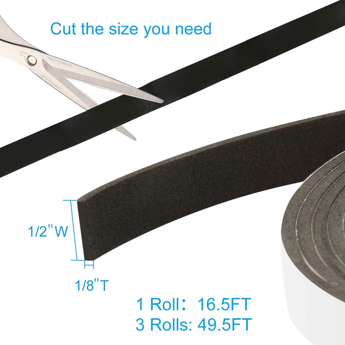 2 Rolls Foam Seal Tape for Door Window Insulation, Soundproof and Shockproof Foam Adhensive Strip, 3/8" Wx3/16 T Single Sided Foam Tape, Cold Air and Draft Closed Cell Seal Strip,Total 32FT