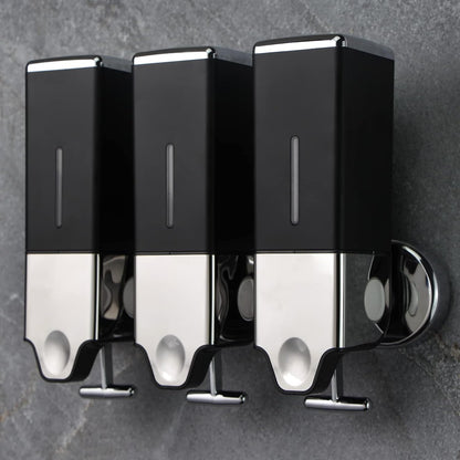 3 in 1 Chamber Wall Mounted Shampoo and Conditioner Dispenser (Silver) | No Drill Shower Soap Dispenser for Bathroom & Hotel Leak-Proof Pumps, Easy Installation and Large Capacity