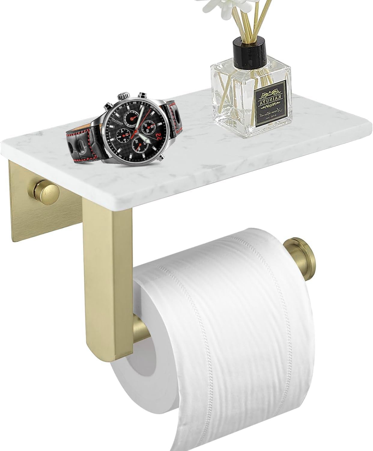 BWE Brushed Gold Toilet Paper Holder with Marble Shelf Wall Mounted | Toilet Paper Roll Holder with Phone Shelf 304 Stainless Steel Tissue Holder for Bathroom Washroom,Saving Space