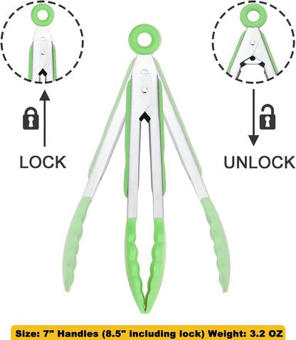 HINMAY Mini Tongs with Silicone Tips 7-Inch Serving Tongs, Set of 3 (Red Blue Green)