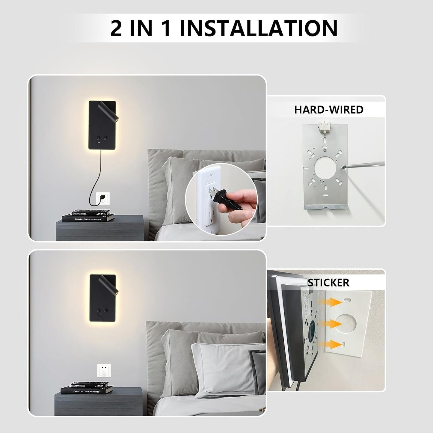 MOLUOLA LED Wall Lamp Wall Mounted Reading Lights, Adjustable Headboard Plug in Wall Sconce with USB C+A Ports, Headboard Bedside Lamp with 9W+3W Night Light 3000K (White)
