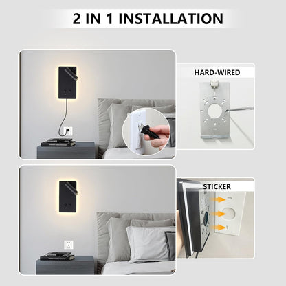 MOLUOLA LED Wall Lamp Wall Mounted Reading Lights, Adjustable Headboard Plug in Wall Sconce with USB C+A Ports, Headboard Bedside Lamp with 9W+3W Night Light 3000K (White)