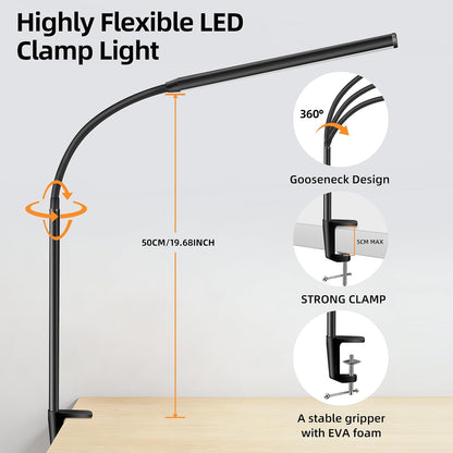 Clip on Desk Lamp with Clamp,Dimmable Eye Caring Book Reading Light for Bed