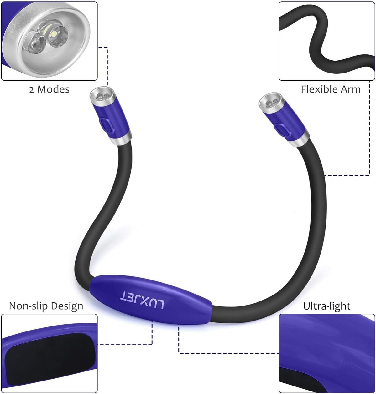 LUXJET Neck Reading Light & Book Light for Reading in Bed - Hands Free, 3 Colors & 6 Brightness Levels, 360° Flexible Arms, 80-Hour Rechargeable - Reading, Knitting, Camping, Repairing