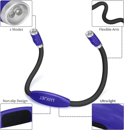 LUXJET Neck Reading Light & Book Light for Reading in Bed - Hands Free, 3 Colors & 6 Brightness Levels, 360° Flexible Arms, 80-Hour Rechargeable - Reading, Knitting, Camping, Repairing