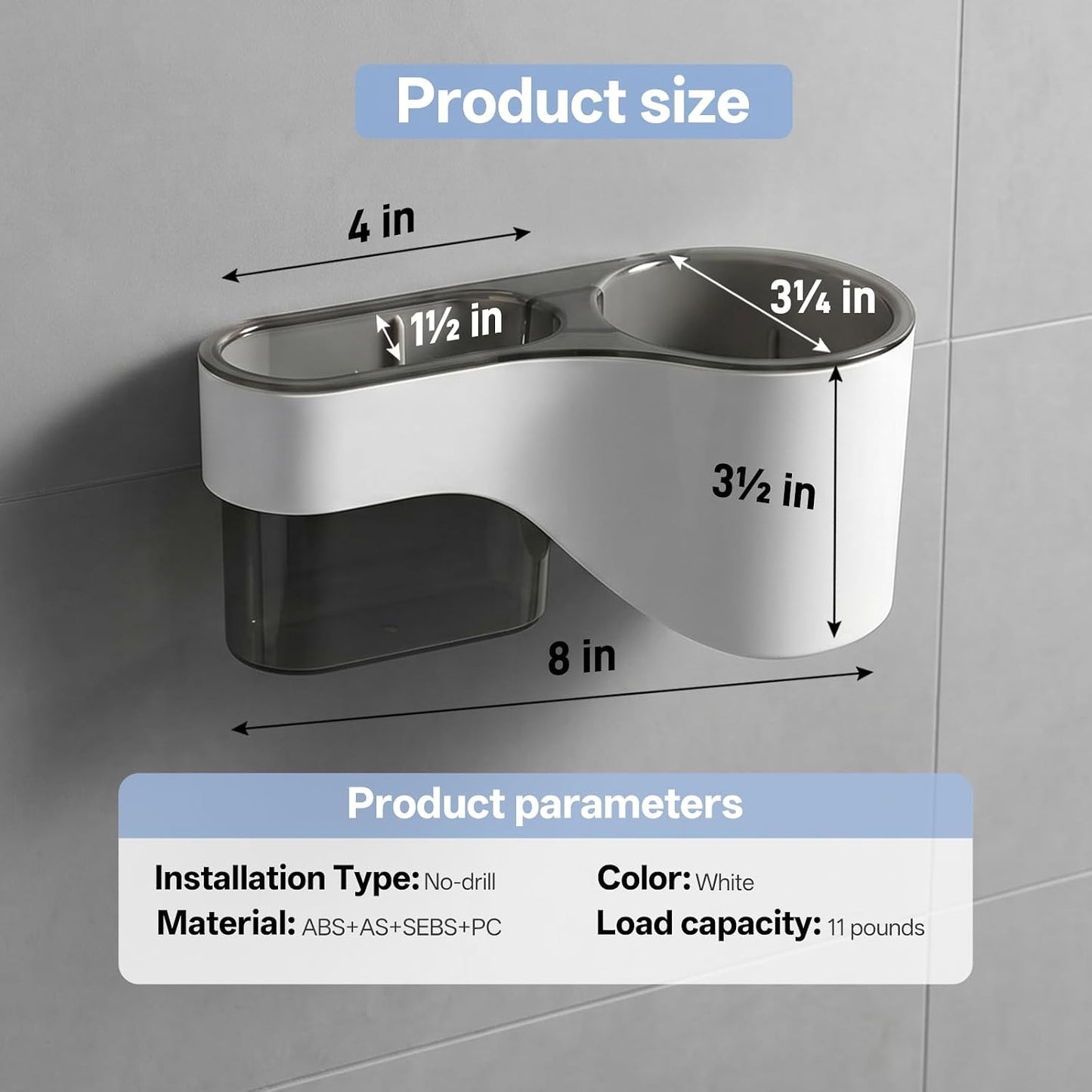 Hair Dryer Holder Wall Mounted, No Drill Hair Dryer Storage | Adhesive multi-compartment organizer: space-saving, durable, easy-clean. Perfect for tidy bathrooms and cabinet doors.
