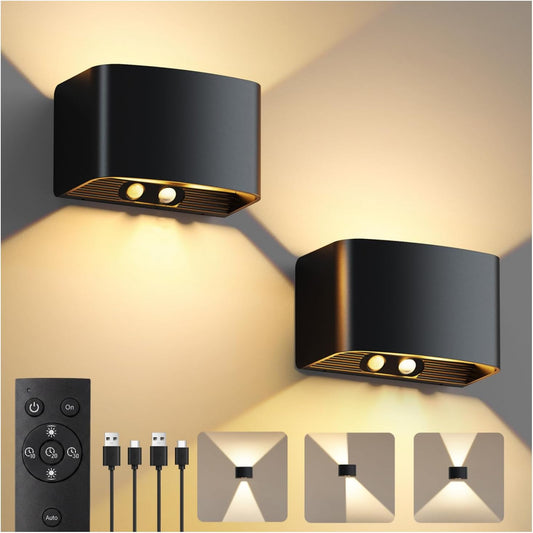 Motion Sensor Wall Light with Remote Control, 5000mAh Rechargeable Wireless Wall Sconce Set of 2, Motion Sensor Night Light Adjustable Brightness & Angle, Up and Down Battery Powered Wall Lamps Indoor