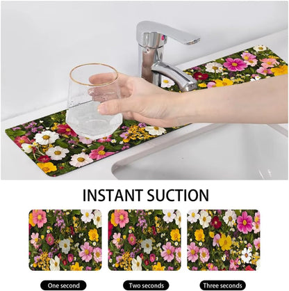 Bimkole 2 PCS Faucet Absorbent Mat, Kitchen Faucet Sink Splash Guard Wraparound Cloth Pads Drip Catcher for Sink Faucet for Kitchen Bathroom Faucet, Colorful Faucet Mat, 15 x 4 Inch Flower A6