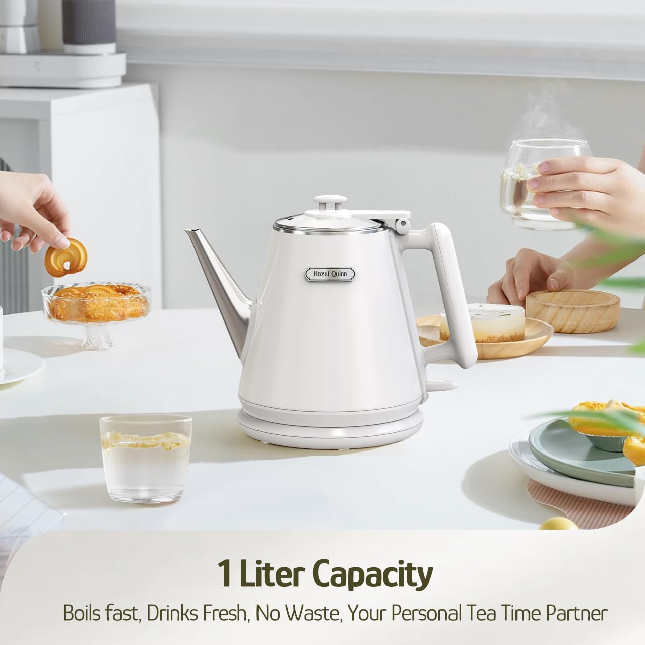 Hazel Quinn Electric Kettle, 1L/34oz Small Tea Kettle - Pearl White | 800W Fast Boil, 304 Stainless Steel Interior, Double-Wall Cool Touch, Gooseneck Spout, Auto Shut-Off, BPA-Free Cordless Home