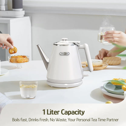 Hazel Quinn Electric Kettle, 1L/34oz Small Tea Kettle - Pearl White | 800W Fast Boil, 304 Stainless Steel Interior, Double-Wall Cool Touch, Gooseneck Spout, Auto Shut-Off, BPA-Free Cordless Home