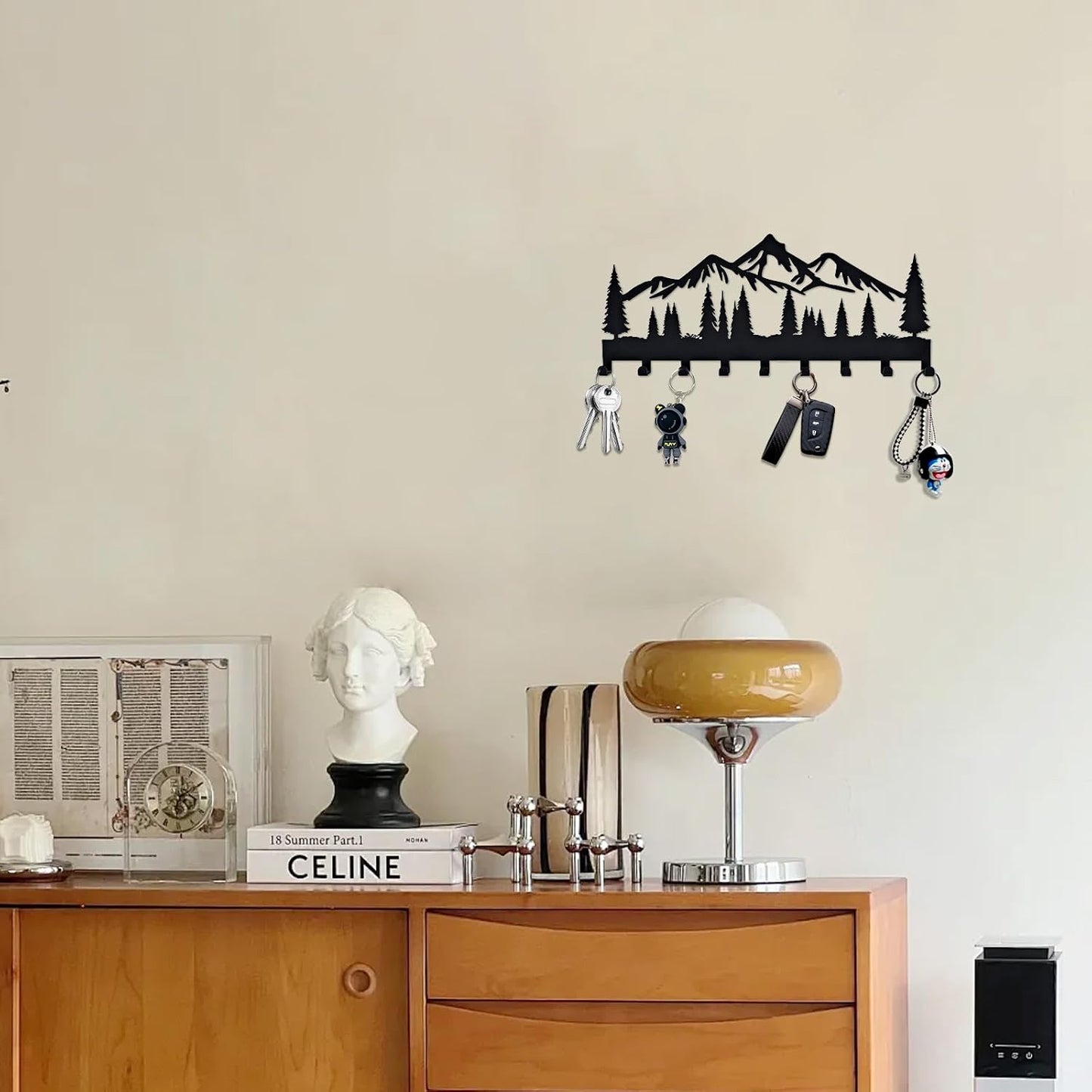 Key Holder for Wall, Metal Decorative Wall Mounted Mountain Key and Mail Holder with Shelf, 2 in 1 Key Hooks for Entryway, Front Door, Hallway, Key Organizer and Key Rack (10 Inches)