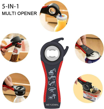 Jar Opener Bottle Opener for Weak Hands, 5 in 1 Multi Function Can Opener Bottle Opener Kit with Silicone Handle Easy to Use for Children, Elderly and Arthritis Sufferers (New red)