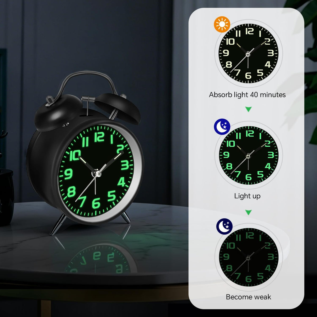 4.5" Metal Loud Alarm Clock for Heavy Sleepers Adults, Analog Battery Operated Alarm Clock with Bells Glow in Dark Numbers, Silent Old School Bedside Desk Clock for Bedroom Office Kids, Black