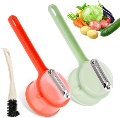 2Pcs Peeler with Container, Fruit and Vegetable Enclosed Peeler with Storage Box, Double-Sided Pee-ler Gadgets with Cleaning Brush, for Home Kitchen Restaurant(COLOR:green+orange)