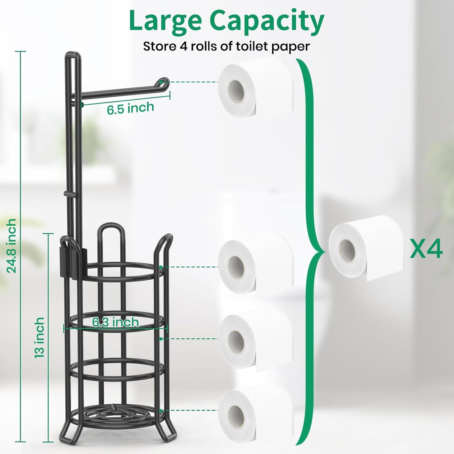 TomCare Toilet Paper Holder Free Standing with Shelf, Stable 4 Raised Feet | Stores 4 Mega Rolls, Tool-Free Assembly, Powder-Coated Metal Frame, Bathroom Storage Organizer for Spare Rolls, Silver