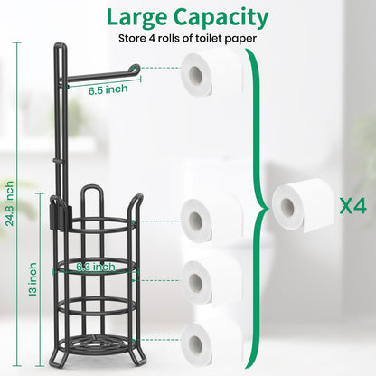 TomCare Toilet Paper Holder Free Standing with Shelf, Stable 4 Raised Feet | Stores 4 Mega Rolls, Tool-Free Assembly, Powder-Coated Metal Frame, Bathroom Storage Organizer for Spare Rolls, Silver