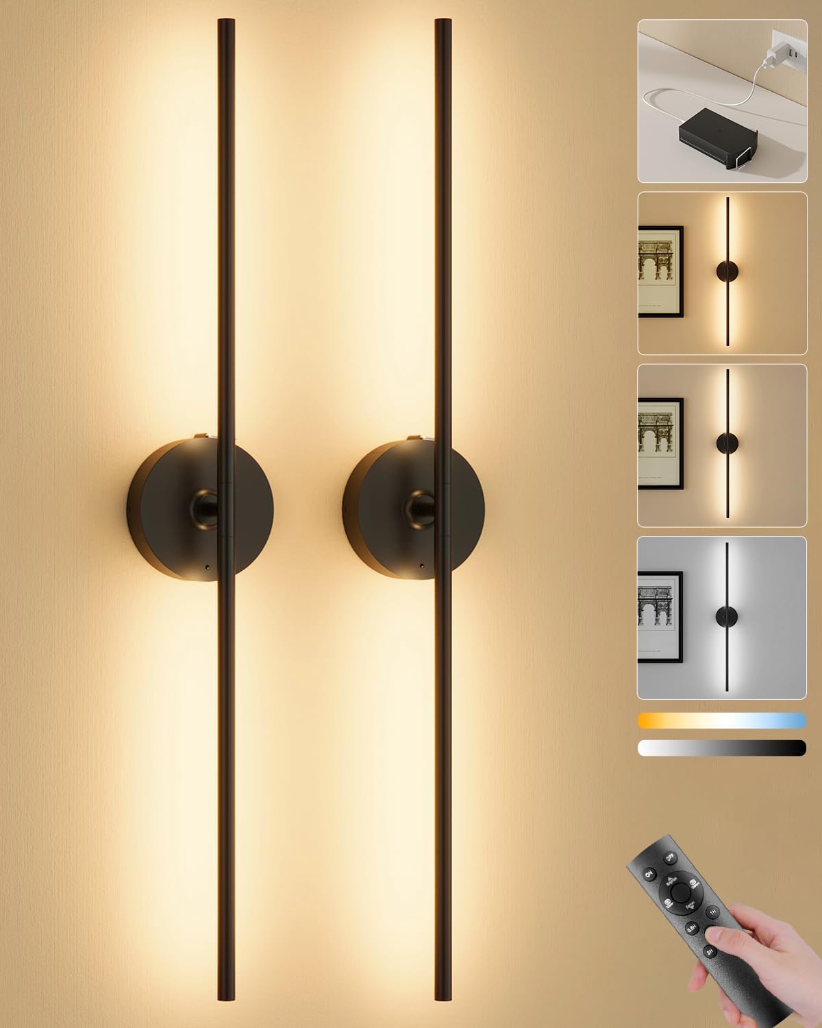 Battery Operated Wall Sconces Set of 2, Remote Control, 10000mAh, Black
