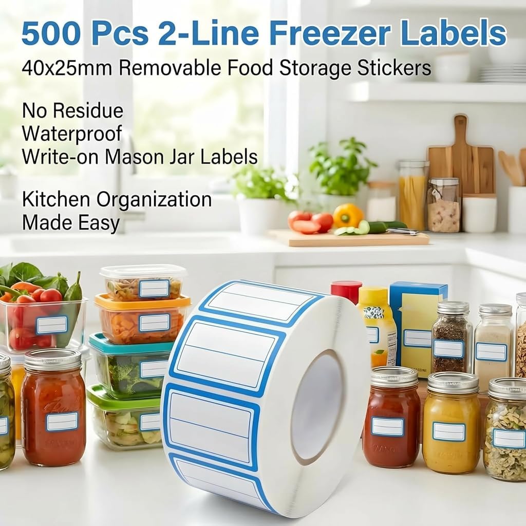 500Pcs Blue Freezer Labels, Waterproof Write-On Stickers | 500Pcs labels; removable writable adhesive for jars, containers, meal prep, pantry storage, and freezer use.