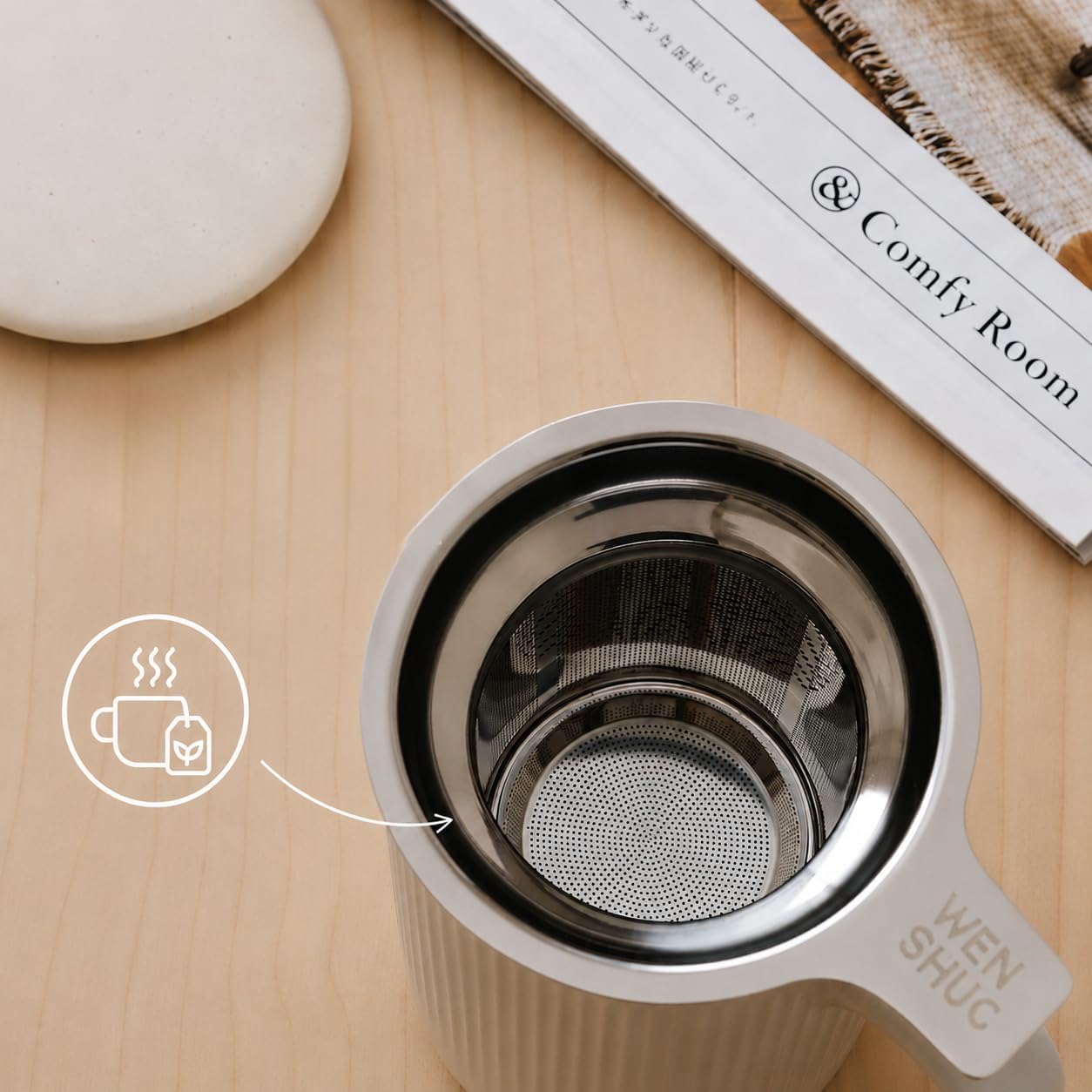WENSHUO Tea Infuser Mug with Lid, Ceramic Cup for Loose Leaf, 20 oz, Crème | 20 oz ceramic tea infuser mug with lid and fine-mesh stainless steel basket for steeping loose leaf, floral and herbal teas.