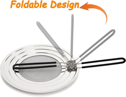 Frcctre 2 Pack Stainless Steel Splatter Screen for Frying Pan, 12 Inch Grease Splatter Guard with Foldable Silicone Handle, Food Strainer Cooling Mat Cover Oil Splash from Bacon, Oil, or Deep Fryer