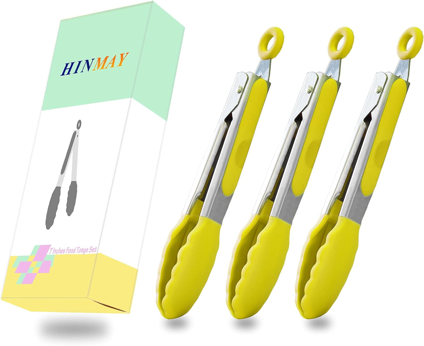 HINMAY Mini Tongs with Silicone Tips 7-Inch Serving Tongs, Set of 3 (Red Blue Green)