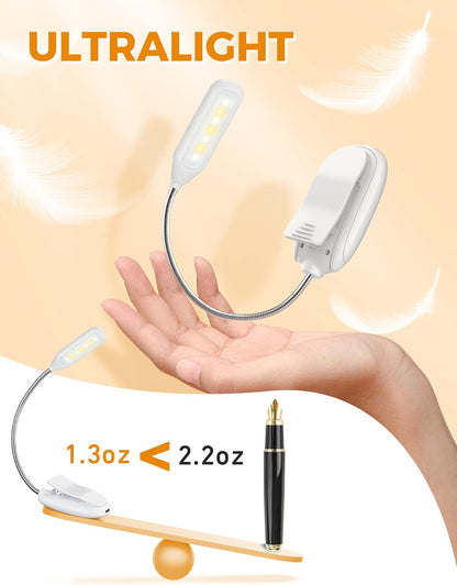 Monotremp Rechargeable Book Lights for Reading at Night, Clip-On 3 Colors | Eye-caring ultralight clip-on, stepless dimming, no flicker, amber mode, 80H runtime, 1.3oz, memory, gift for book lovers.