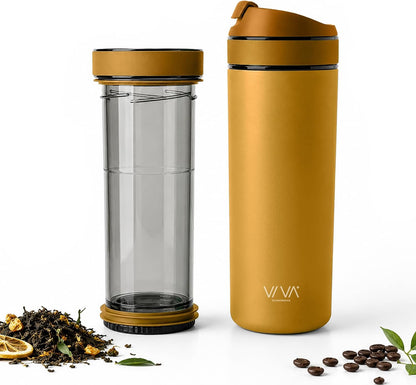 VIVA Recharge Tea Infuser Bottle, 16 oz Insulated Stainless Steel Travel Tea Tumbler with Infuser for Loose Leaf, Hot & Cold Tea & Coffee, Patented Steep Control, Leak-Resistant Lid - Mustard
