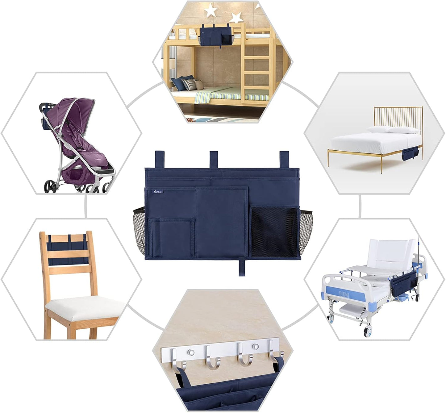 Surblue Bedside Caddy Hanging Organizer Storage Bag Pocket for Bunk, Hospital, College Dorm Rooms, Baby Bed Rails, Camp - 4 Pockets, 2 Hooks (Blue)