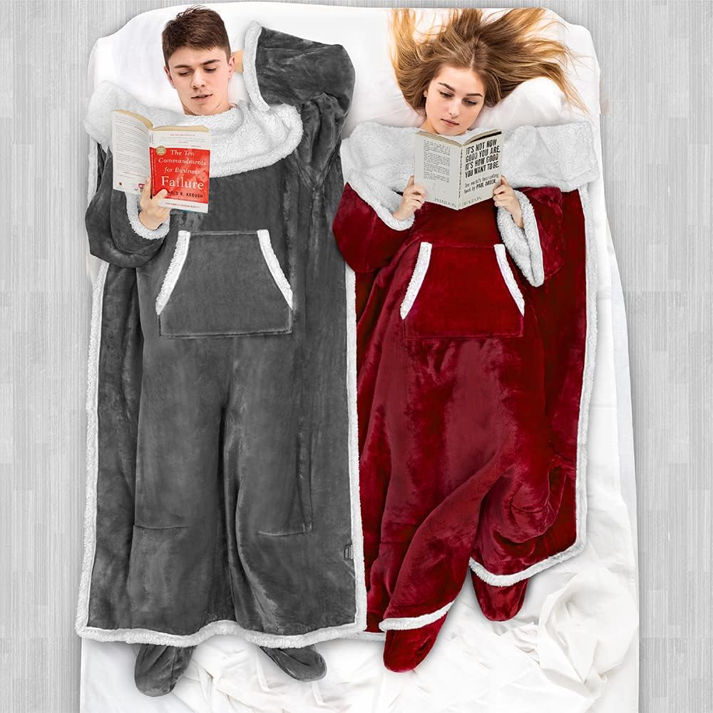 PAVILIA Fleece Blanket with Sleeves, Foot Pockets for Women Men Adults, Plush Wearable Blanket Throw Wrap, Warm Snuggle Blanket Robe, Cozy Gift Ideas Wife Mom, Dark Purple