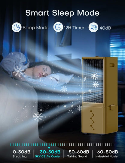 Portable Air Conditioners 4 Modes&3 Speeds,4 Ice Packs, Waterless Alert System, 12H Timer, Remote,1 Gal Detachable Water Tank, 70°Oscillation Windowless Evaporative Air Cooler for Room Office