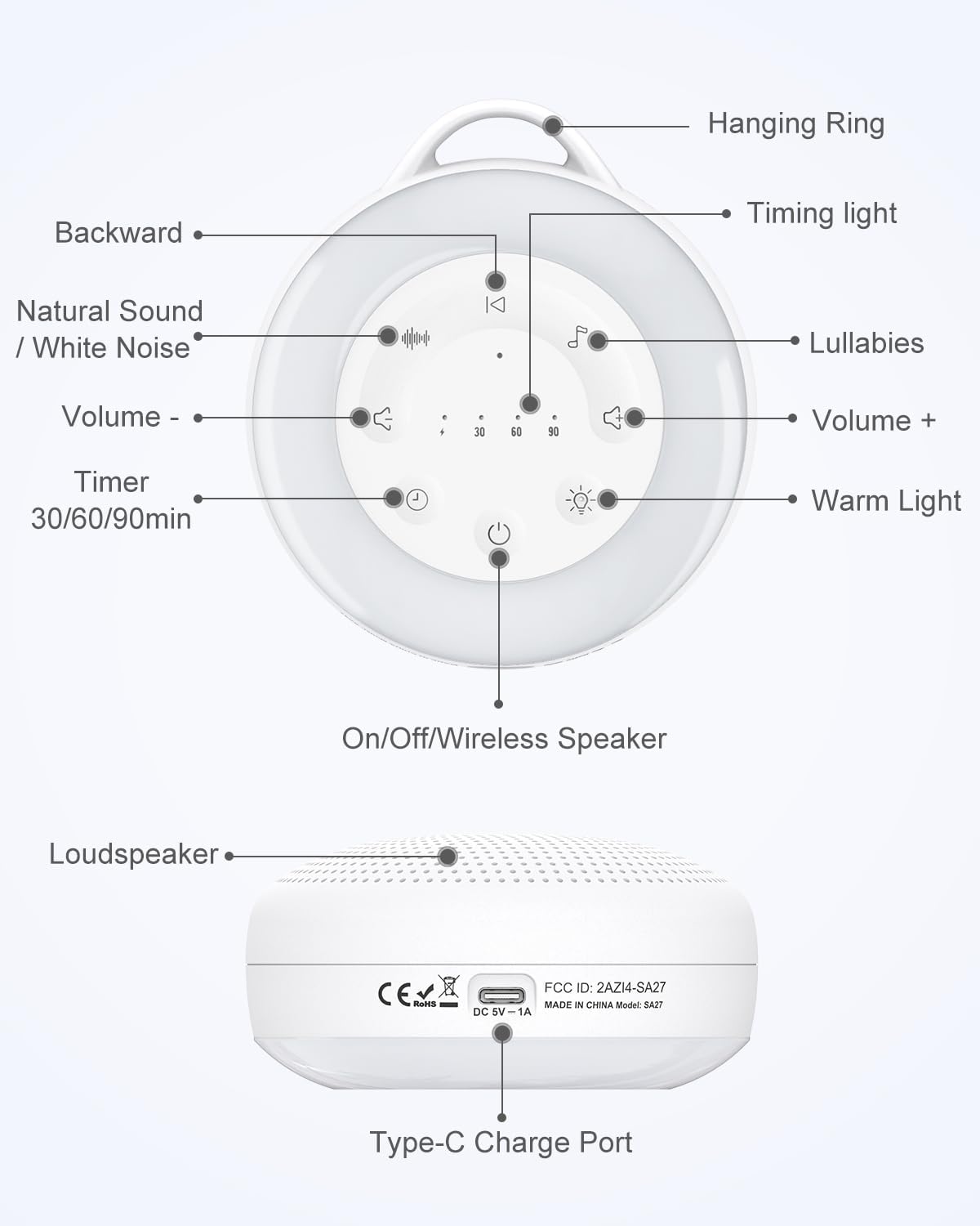 White Noise Machine, Portable Sound Machine for Sleep, 24 Soothing Sound, Volume Control, 3 Timing, Adjustable Night Light, Sound Therapy for Home, Travel, Registry Present