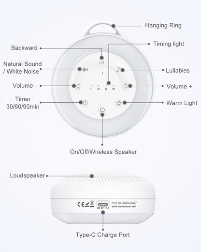White Noise Machine, Portable Sound Machine for Sleep, 24 Soothing Sound, Volume Control, 3 Timing, Adjustable Night Light, Sound Therapy for Home, Travel, Registry Present