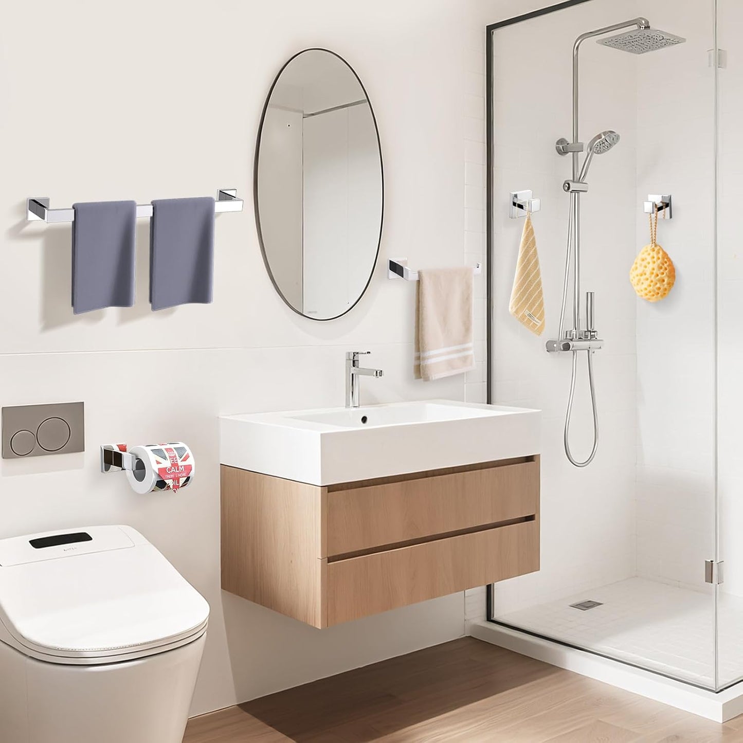 TURS Bathroom Hardware Set Black 4-Piece Towel Bar Set Include 24 Inch Towel Bar Hand Towel Holder Towel Hook Toilet Paper Holder with Shelf Wall Mounted Stainless Steel Bathroom Accessories Set