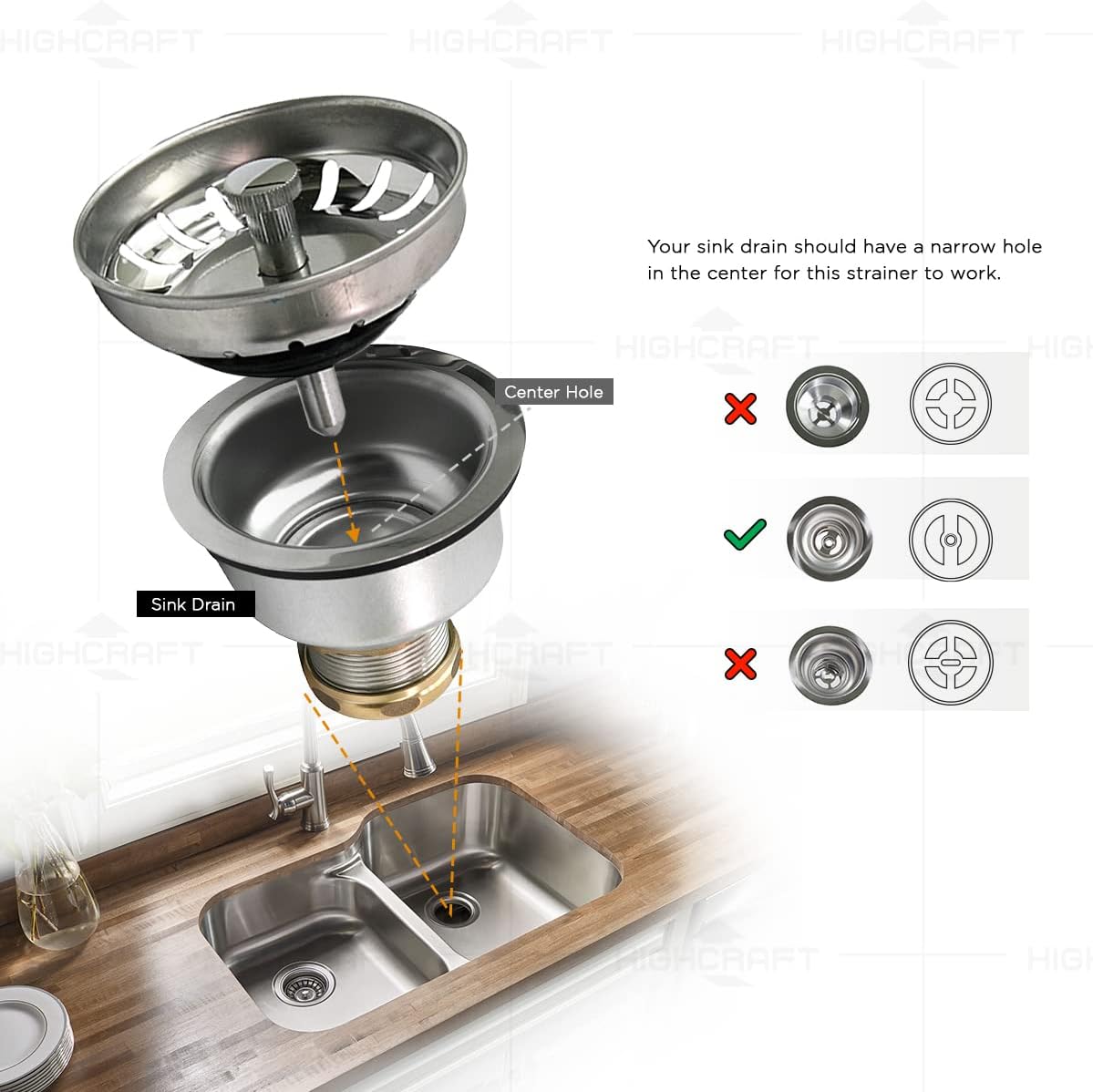 Highcraft 9754 Kitchen Sink (3-1/2 Inch) Stainless Steel Drain Assembly With Strainer Basket and Snaplock Stopper Long Extended Shank (3-3/4 Inch)