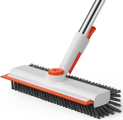 AIR U+ Floor Scrub Brush with Long Handle, 3-in-1 Rotating Head & Squeegee | Stiff Dual-Sided Bristle Scrubber for Shower, Bathroom, Kitchen and Patio, 30–50 In Handle for Easier Stand-up Cleaning