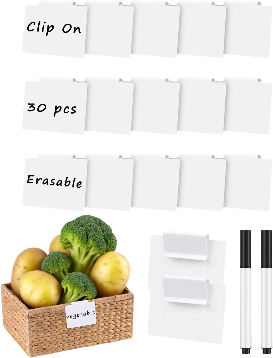 Basket Labels Clip On, 30 Pcs Erasable Clip On Labels for Storage Bins with 2 Chalk Marker (White Bin Clips)