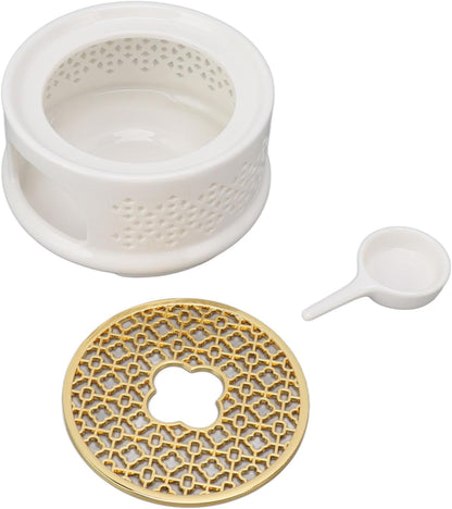Teapot Warmer Ceramic Heater with Spoon Lid and Candle Holder Coffee Heating Device Glass Teapot Warming Stand for Milk (White)