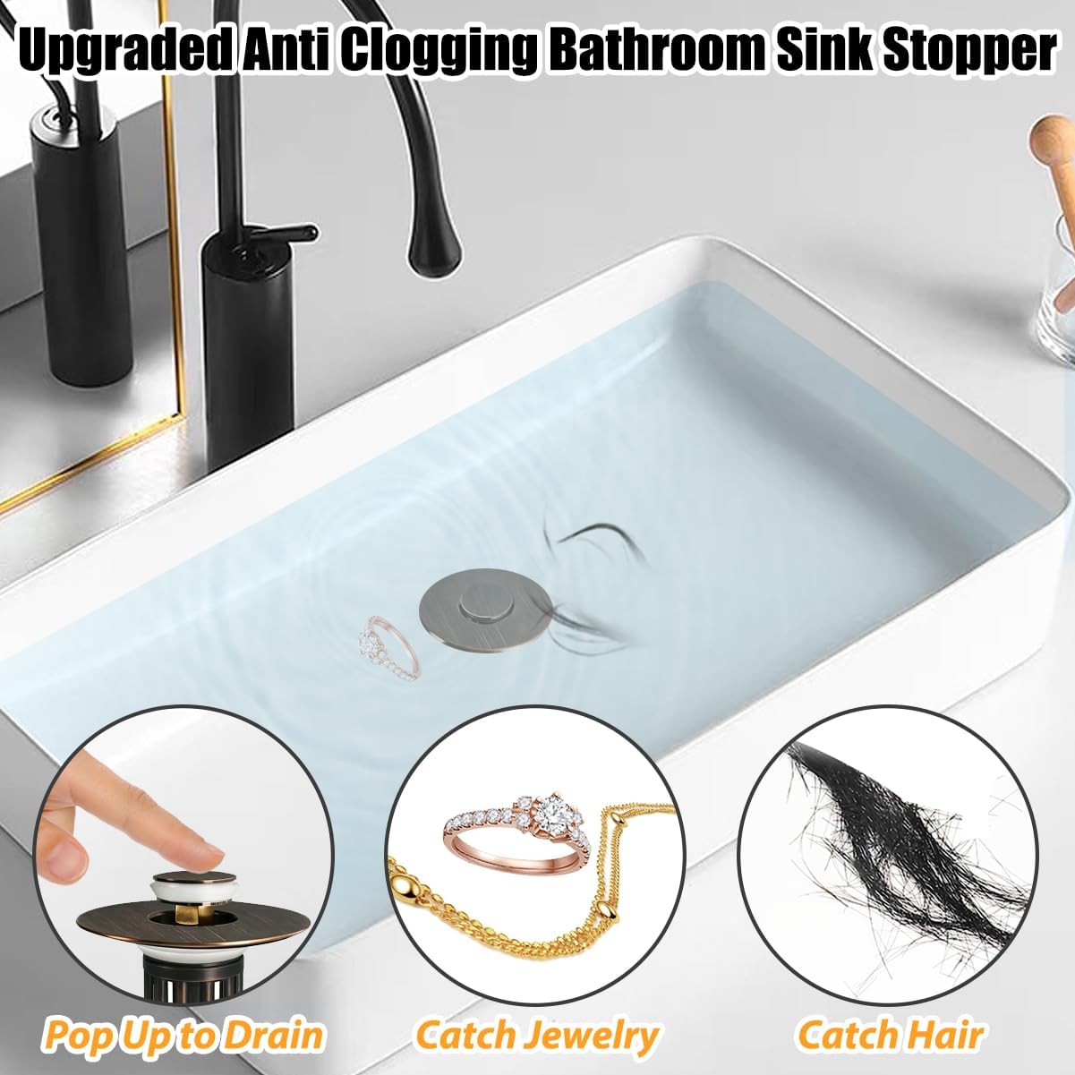 Anlige Bathroom Sink Drain Strainer, 3 in 1 Pop Up Bathroom Sink Stopper with Removable Brass Basket Hair Catcher, Universal Sink Plug for 1.06 to 1.6in Drain Hole, Chrome Silver