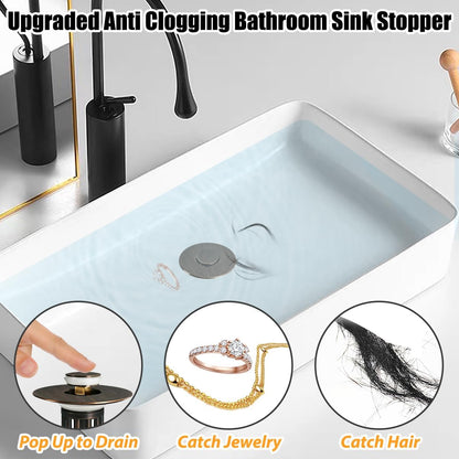Anlige Bathroom Sink Drain Strainer, 3 in 1 Pop Up Bathroom Sink Stopper with Removable Brass Basket Hair Catcher, Universal Sink Plug for 1.06 to 1.6in Drain Hole, Chrome Silver