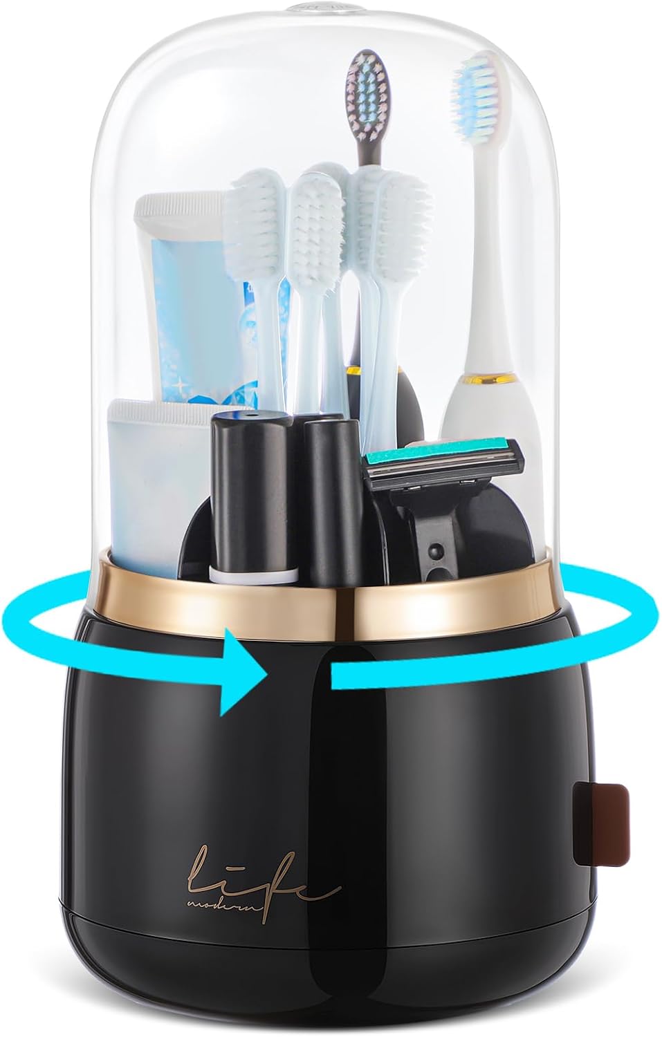 Toothbrush Holders, Toothbrush Holders for Bathrooms, Makeup Brush Holder | Toothbrush and Toothpaste Holder, Rotatable Toothbrush Holder with Transparent Dust Cover, Multi Drainage Vent Holes