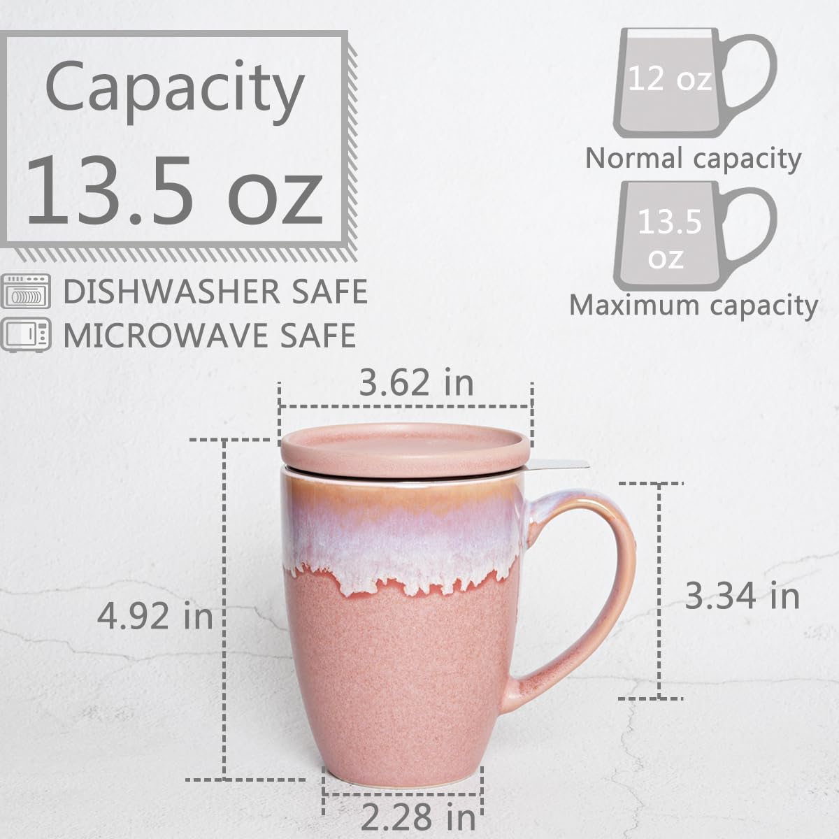 Bosmarlin Ceramic Tea Cup with Infuser and Lid, 13.5 Oz, Loose Leaf Tea Steeper Mug with Strainer, Microwave and Dishwasher Safe, Reactive Glaze (13.5 Oz, Pale Green)