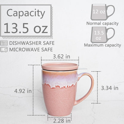 Bosmarlin Ceramic Tea Cup with Infuser and Lid, 13.5 Oz, Loose Leaf Tea Steeper Mug with Strainer, Microwave and Dishwasher Safe, Reactive Glaze (13.5 Oz, Pale Green)